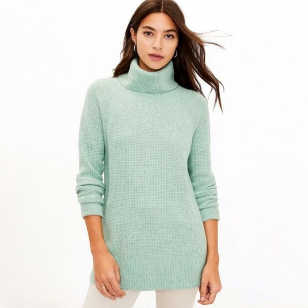 LOFT Cowl Neck Waffle Tunic Sweater in Mint Size Small